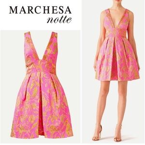 Marchesa Notte V Neck Metallic Floral Dress Size 6